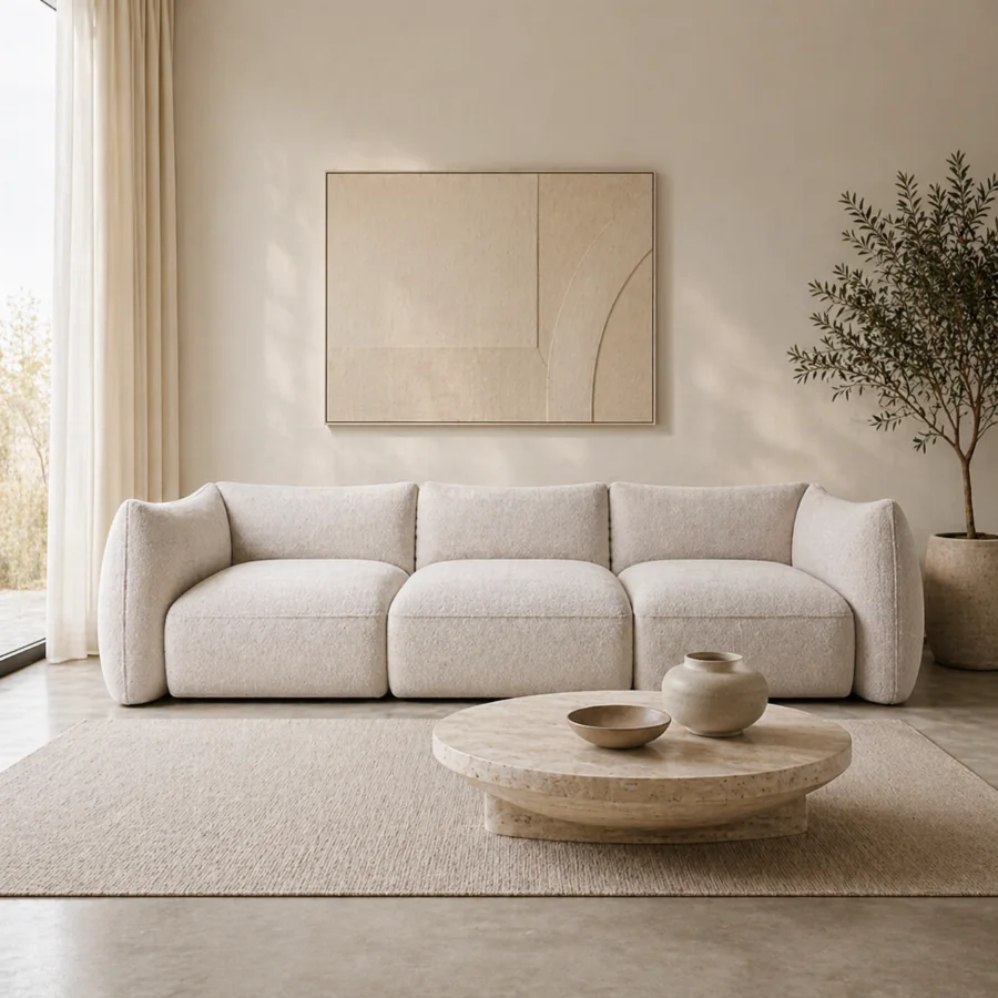 Cosy modular sofa with travertine coffee table